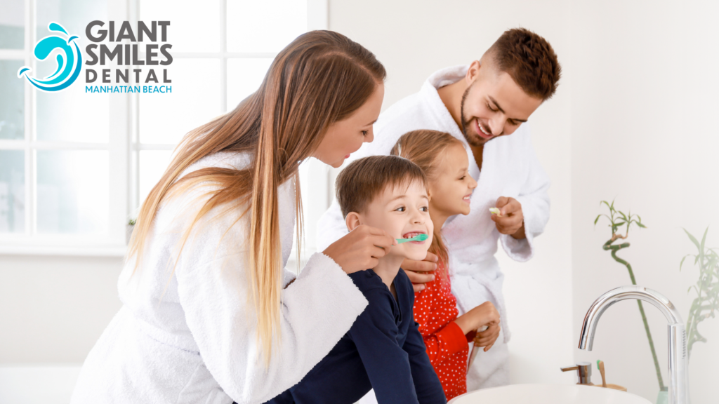 A family is brushing their teeth together in a bathroom.