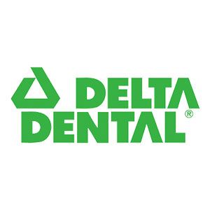 The delta dental logo is green and white on a white background.