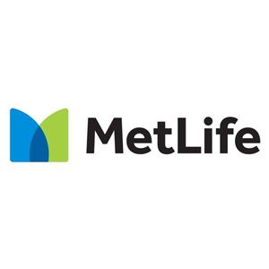 A metlife logo with a blue and green m on a white background.