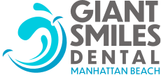 The logo for giant smiles dental in manhattan beach.