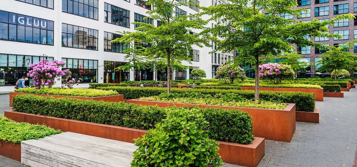 A row of planters with trees and bushes in front of a building.