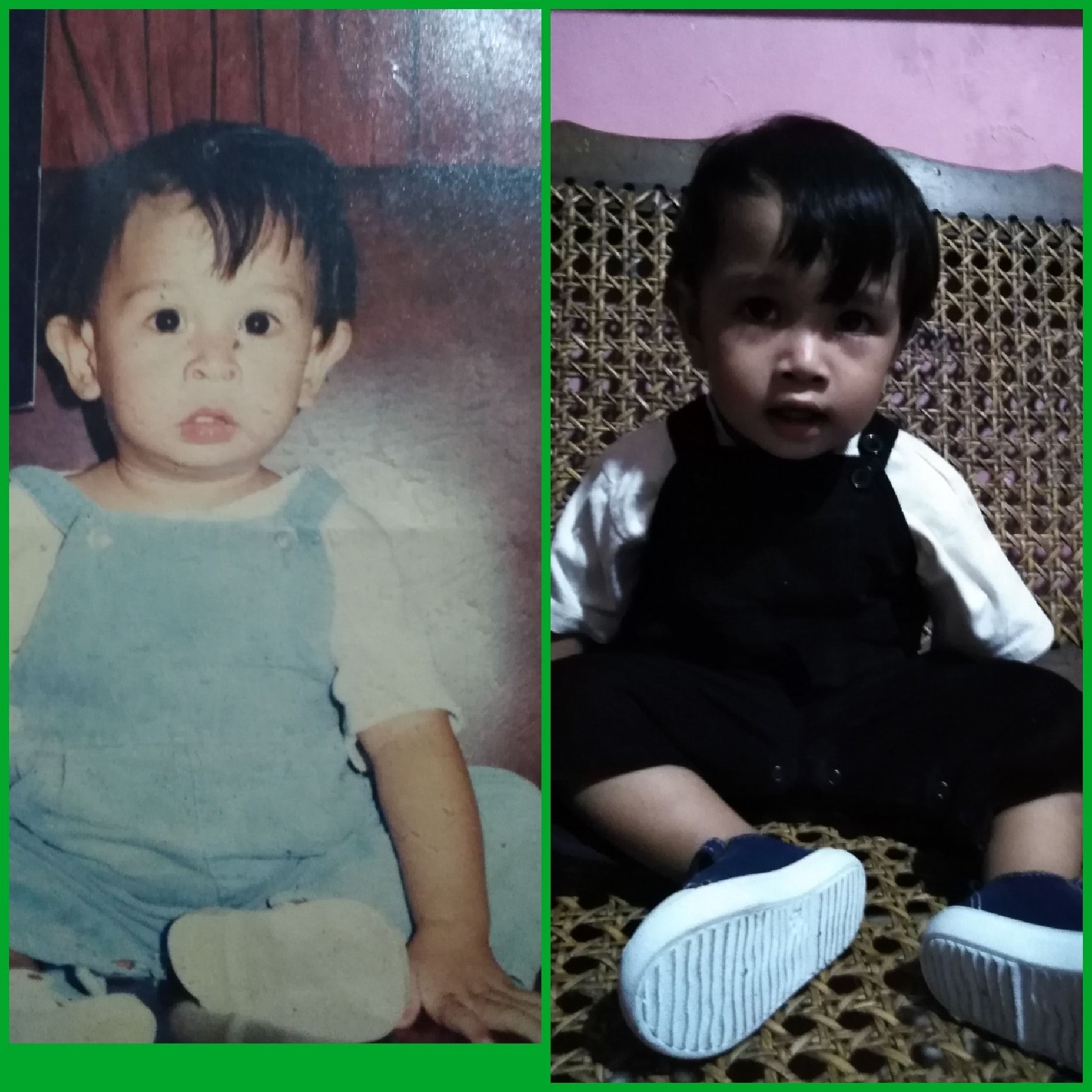 Two photos side-by-side of a toddler in overalls. The left photo is in blue. The right is in black.