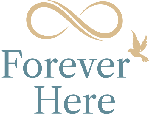 Forever Here logo with infinity symbol, dove, and teal text.