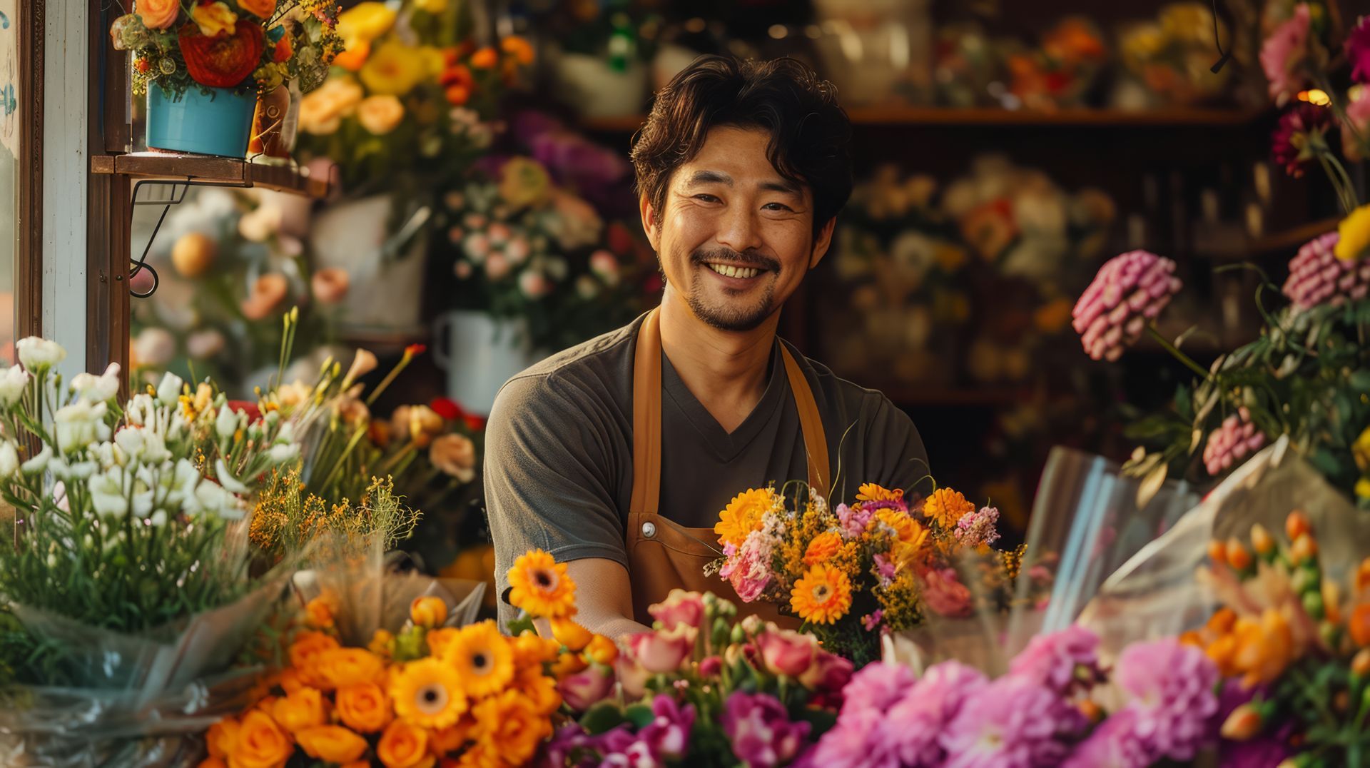 Man smiling, surrounded by colorful flowers in a flower shop, holding a bouquet.