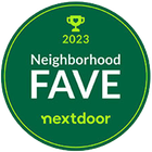 A green circle with the words neighborhood fave nextdoor on it