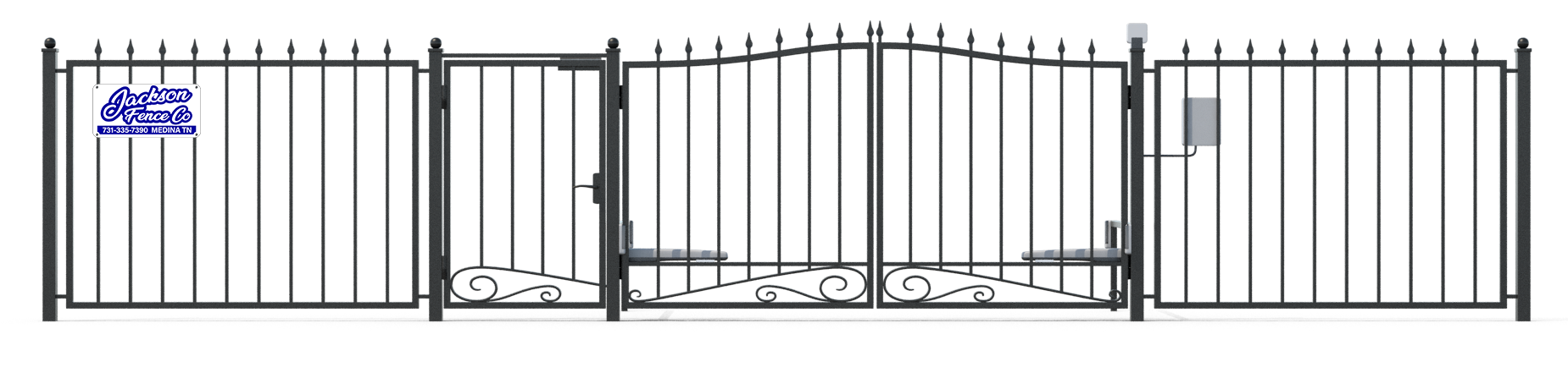 A black and white drawing of a fence with a gate