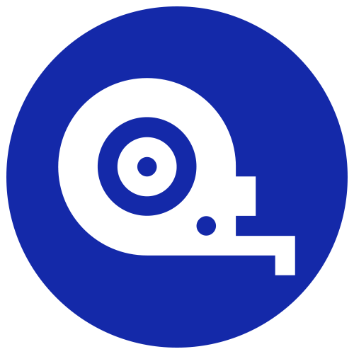 A blue circle with a white icon of a tape measure in it.