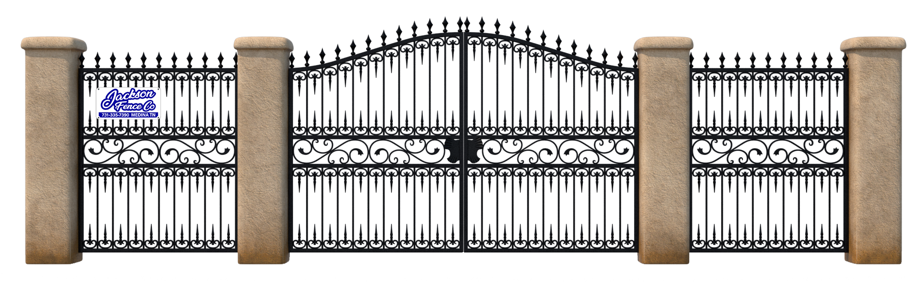 A wrought iron gate is surrounded by stone pillars on a white background.