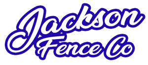 The logo for jackson fence co. is blue and white on a white background.