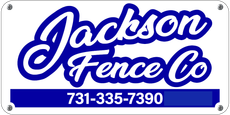 A blue and white logo for jackson fence co.