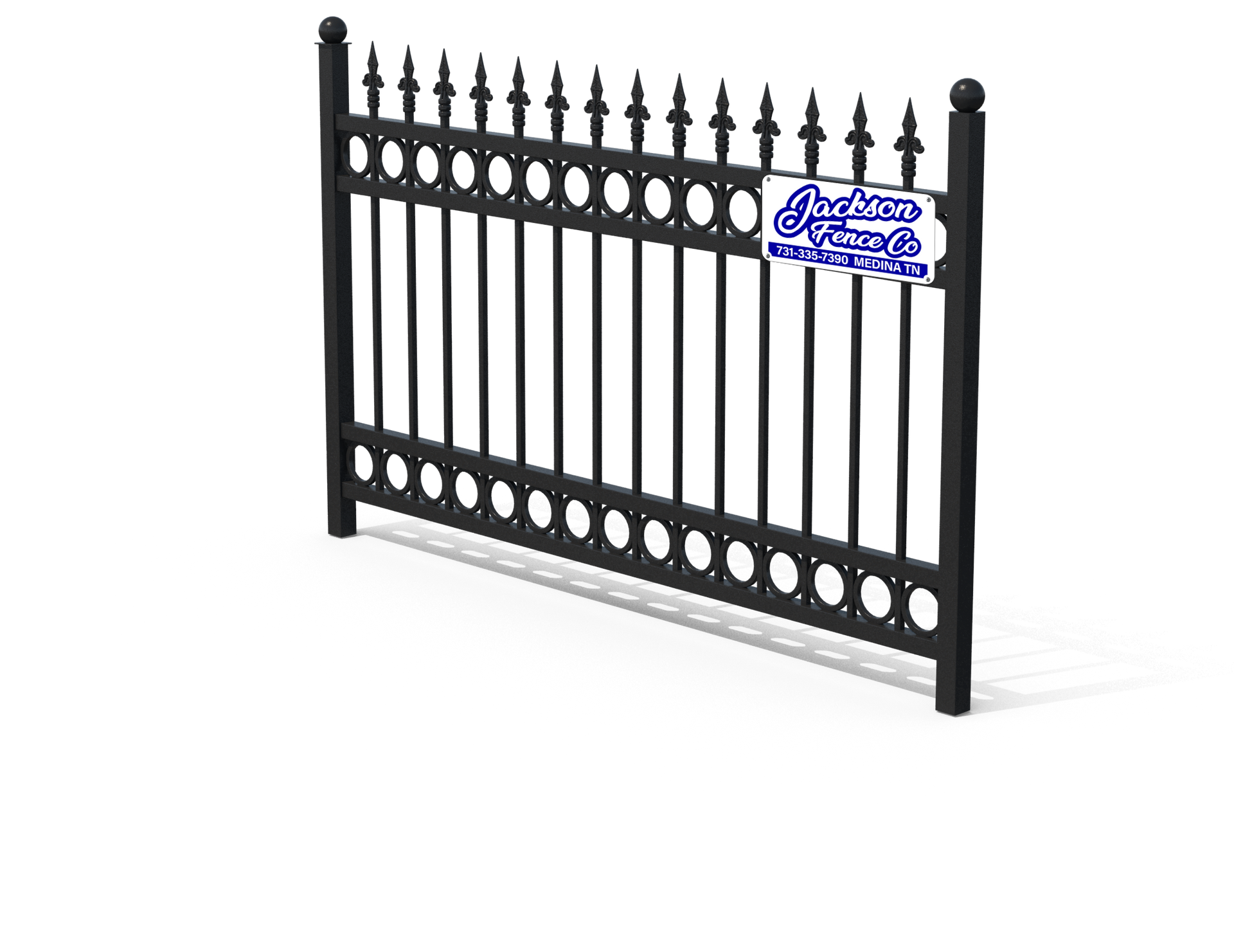 A black metal fence with a sign on it on a white background.