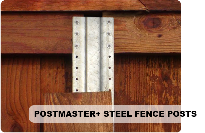 A postmaster steel fence post is attached to a wooden fence