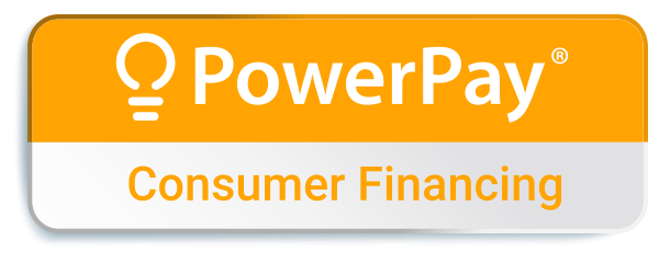 An orange and white powerpay consumer financing logo