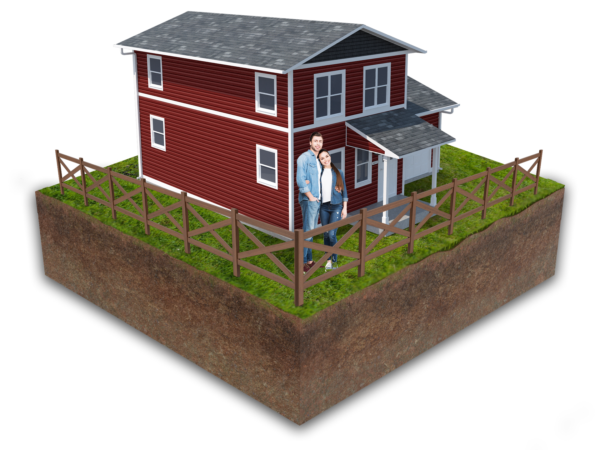 A couple standing in front of a red house with a wooden fence