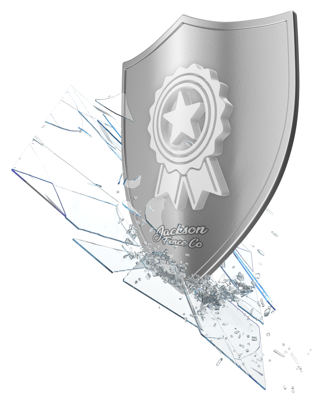 A silver shield with a star on it is breaking through a broken glass.