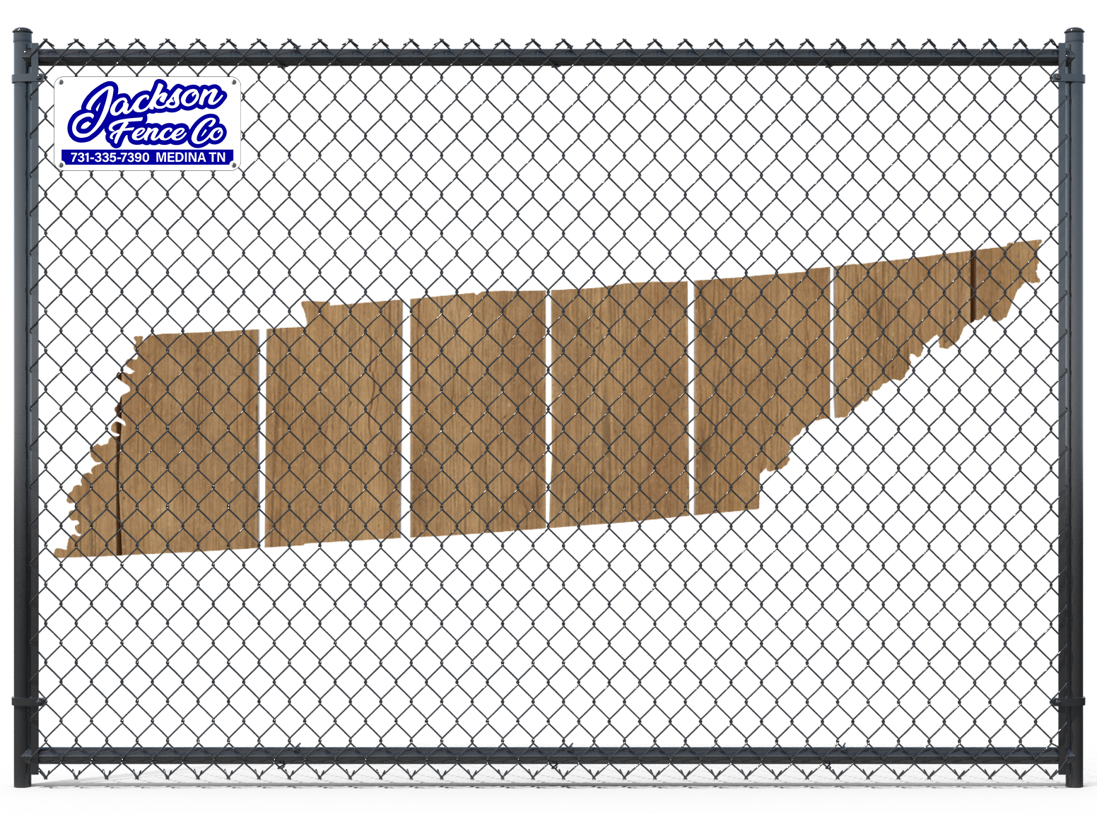 A chain link fence with a map of tennessee on it