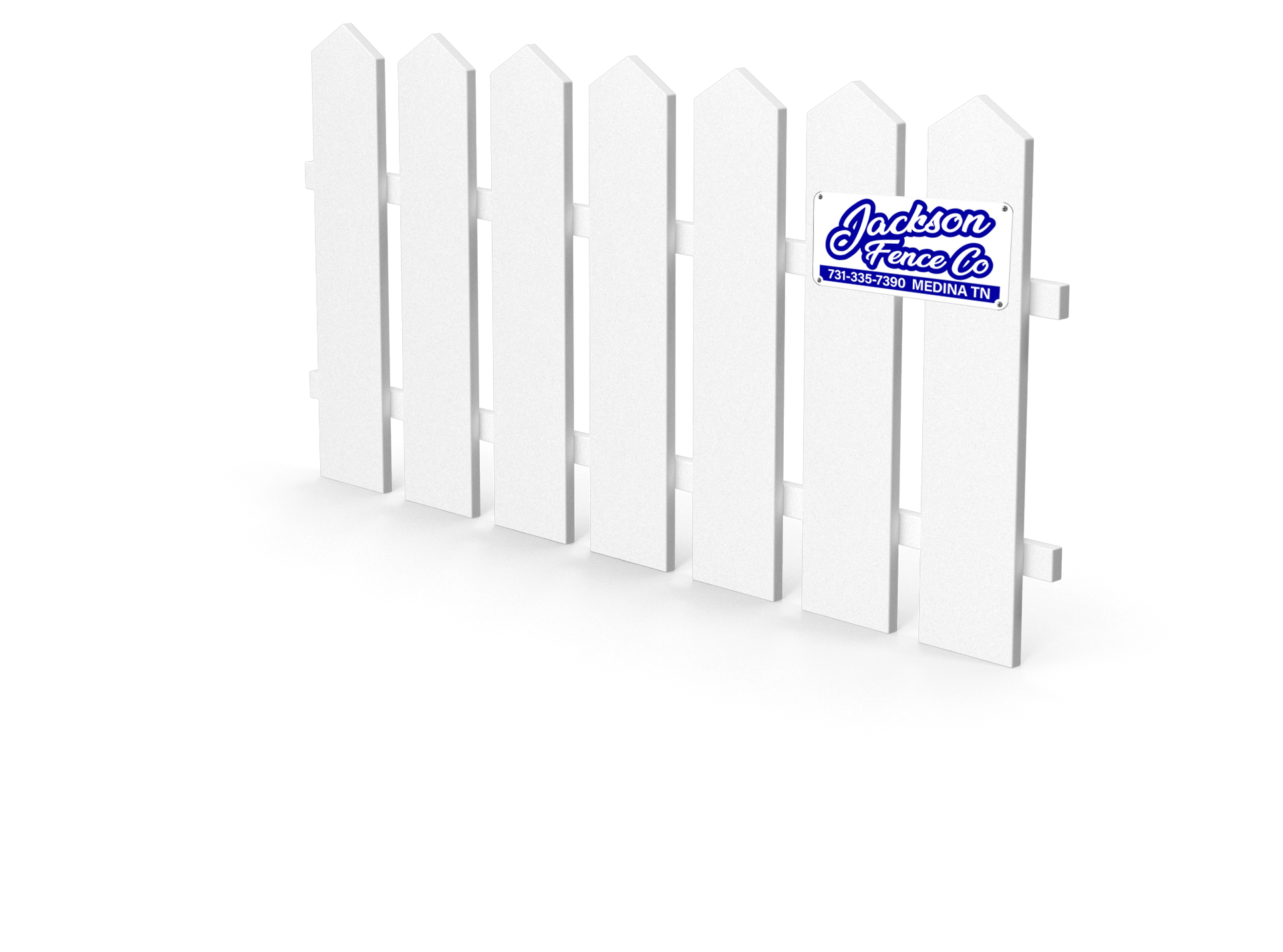 A white picket fence with a blue logo on it.