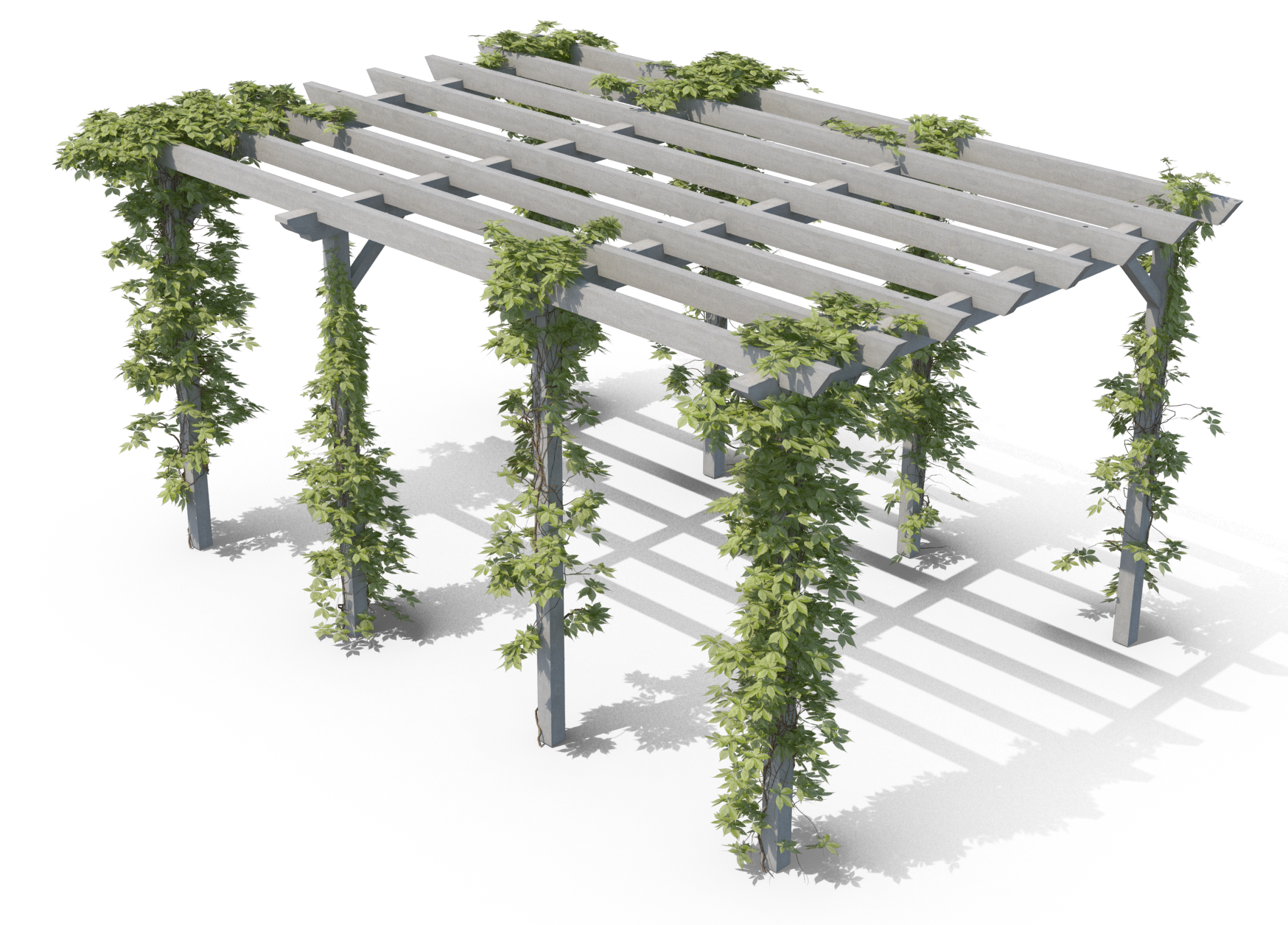 A 3d model of a pergola with vines growing on it.