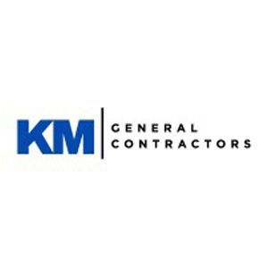 The km general contractors logo is blue and black on a white background.