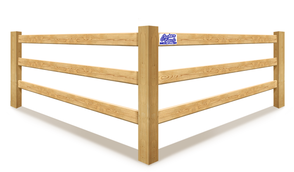 A wooden fence with three rails on a white background.