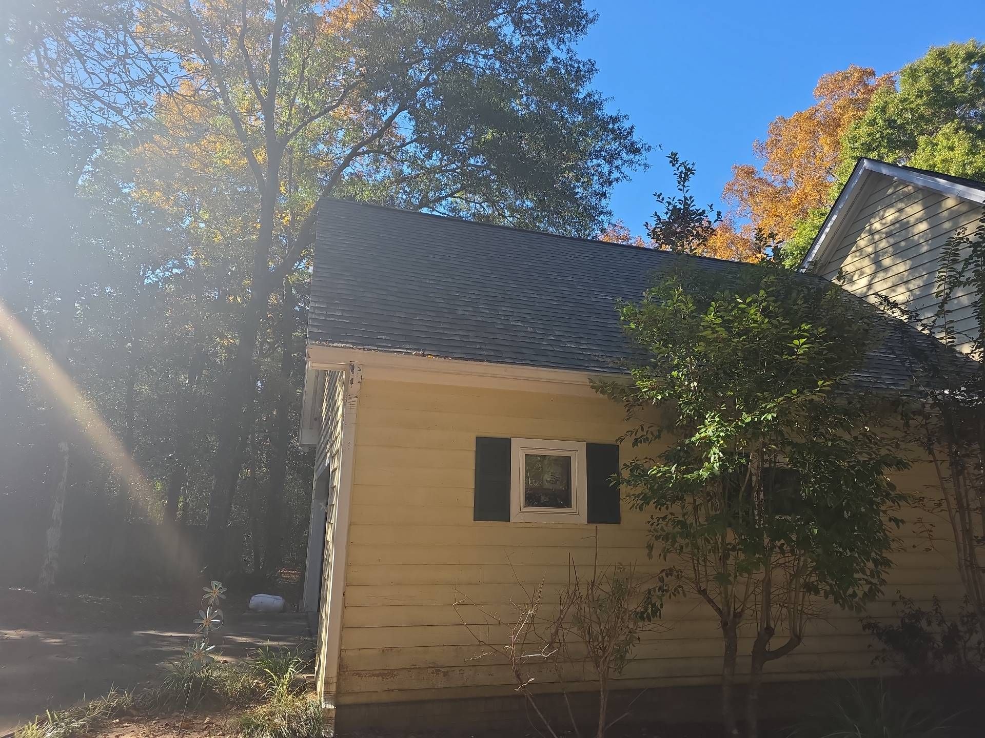 Yellow building with dark roof, trees, and blue sky.