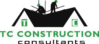 Logo for TC Construction Consultants: Black roof with two silhouetted construction workers, green text.