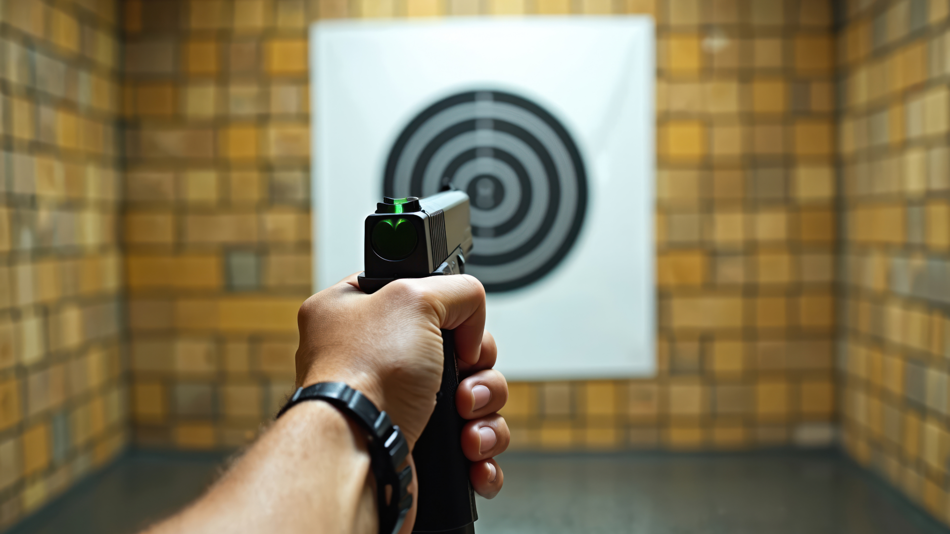 Hand holding a gun aimed at a target board in an indoor shooting range