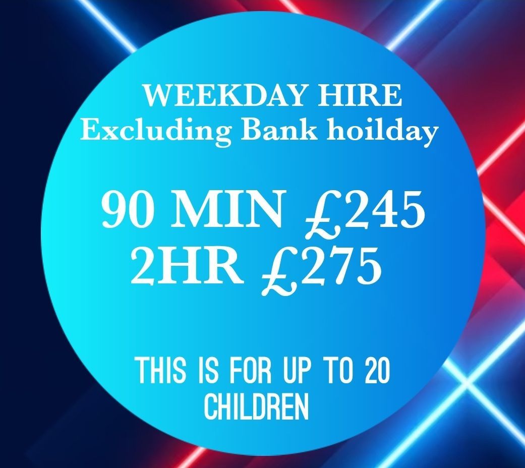 A blue circle that says weekday hire excluding bank holiday 90 min £ 245 2hr £ 275 this is for up to 20 children