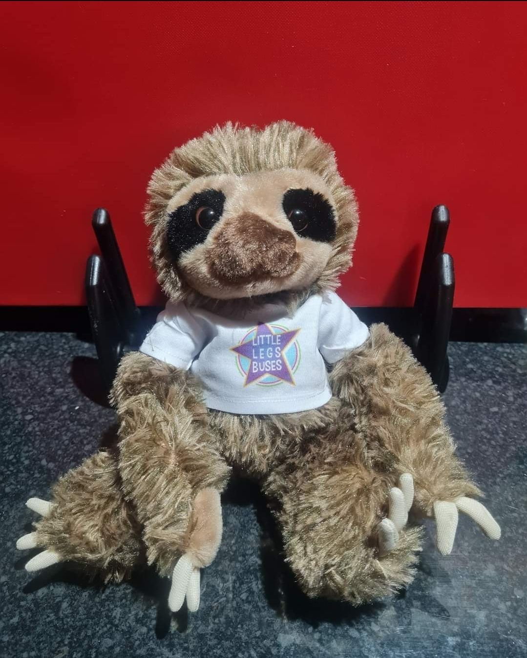 A stuffed sloth wearing a white shirt with a star on it