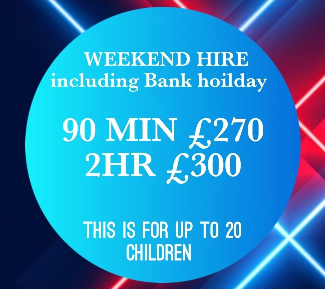 A blue circle that says weekend hire including bank holiday 90 min 270 2hr 300 this is for up to 20 children