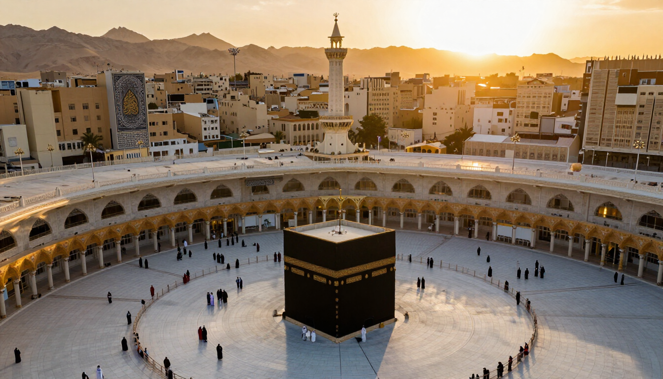 The Holy Kaaba in Makkah at night with golden calligraphy