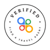 Verified Find a Travel Agent badge, white circle with text and logo in color.