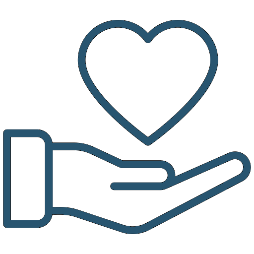 Hand with heart icon, blue outline.