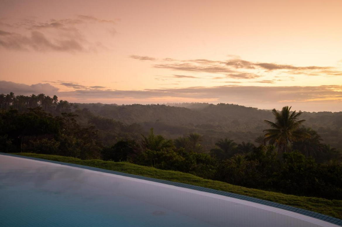Vista do pôr do sol sobre uma floresta exuberante da borda da piscina; céu laranja e roxo.