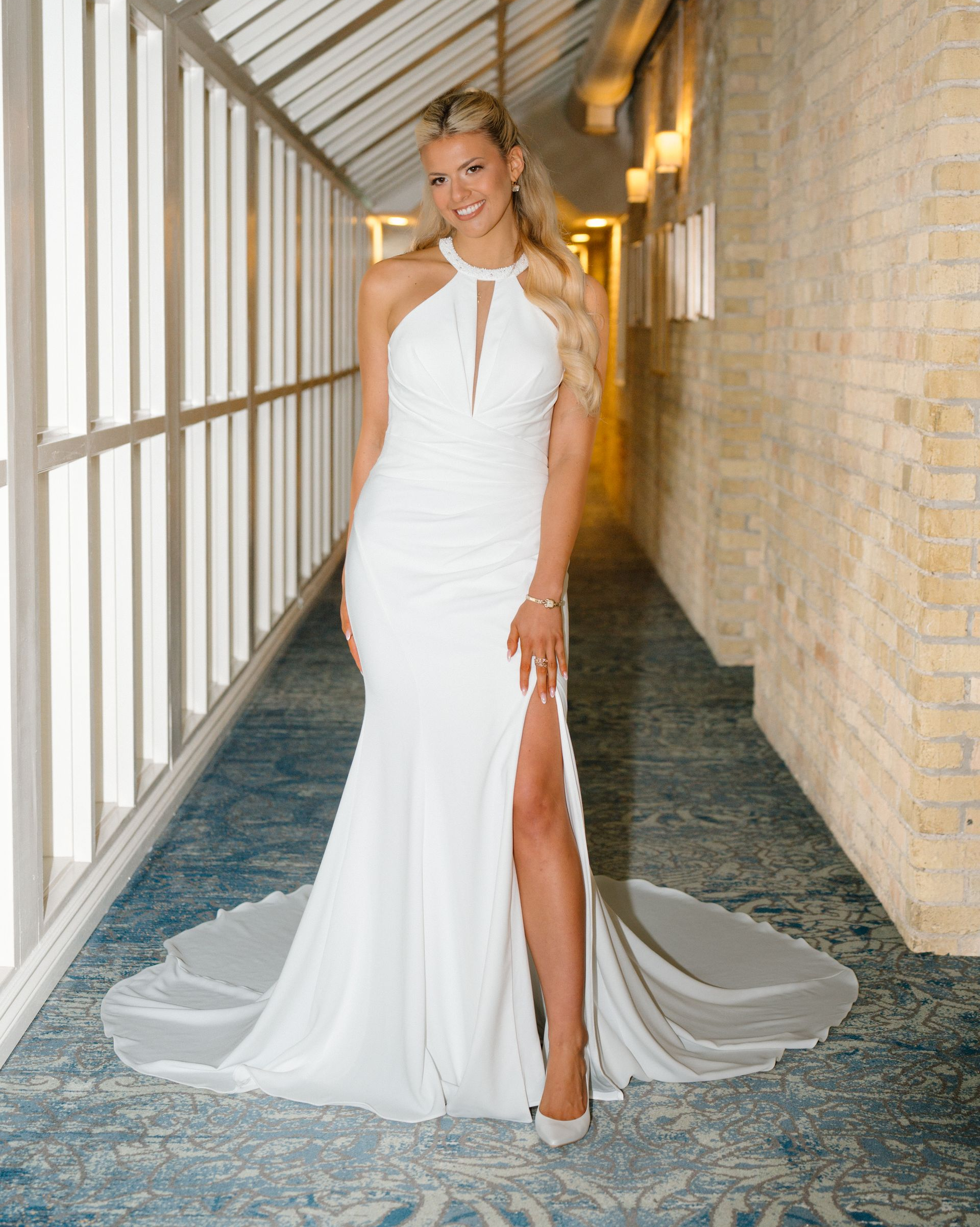 Halter neck, crepe, rushed bodice