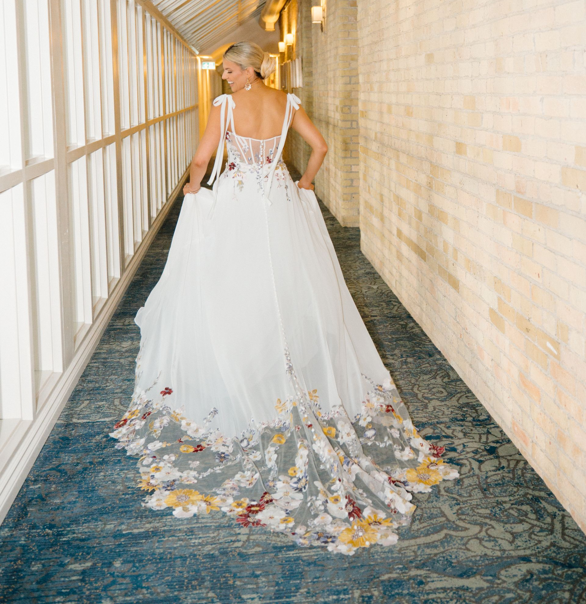 Chiffon with floral appliques, bow straps