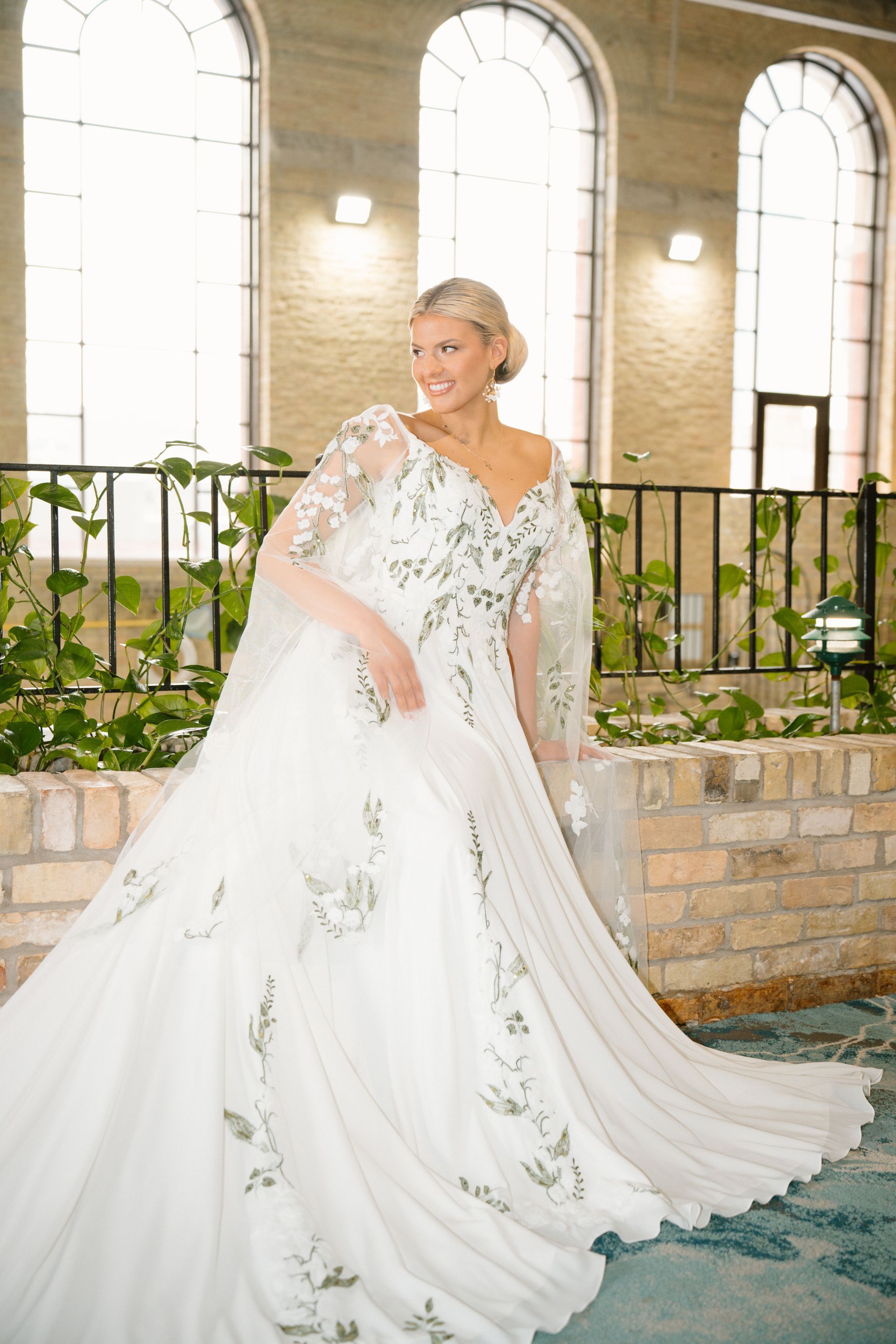 Green and white floral appliques, a-line with detachable long cape sleeves