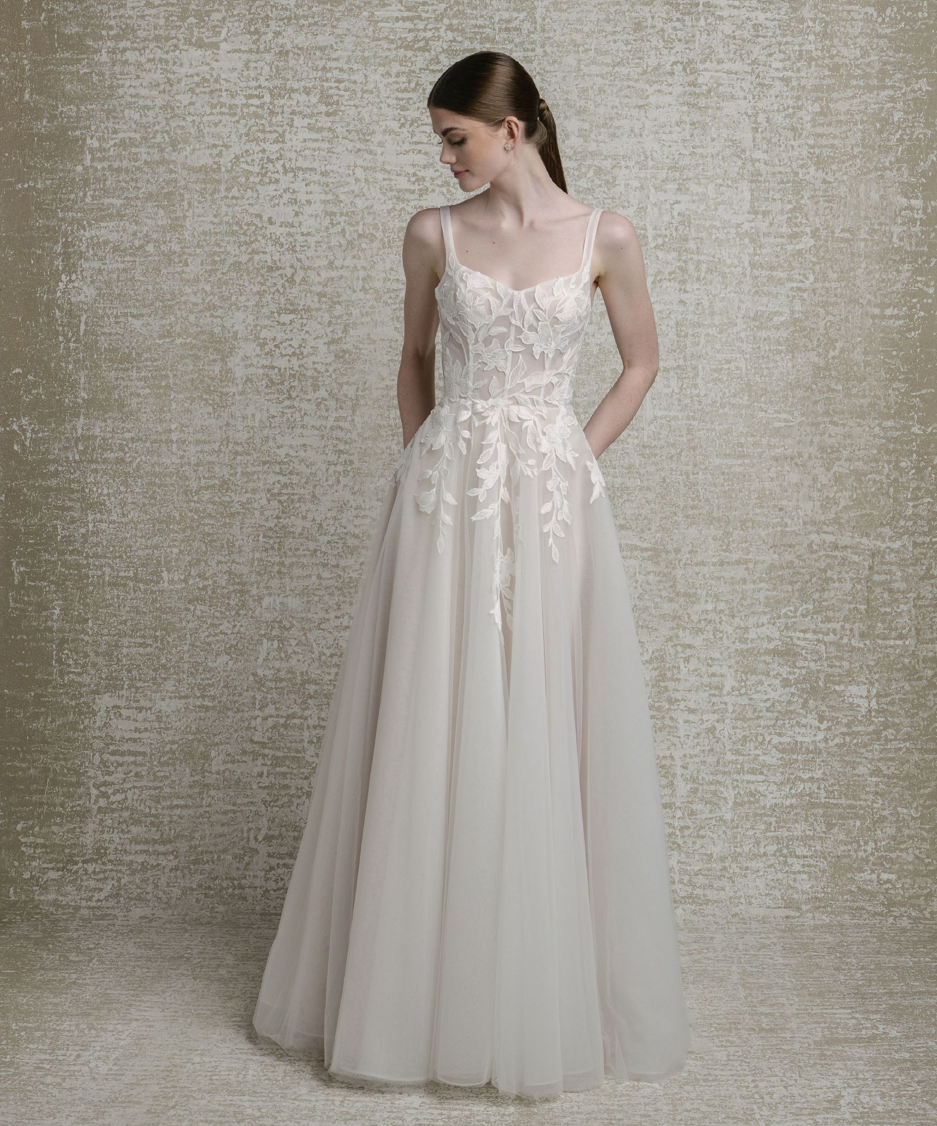 Floral lace appliqués, soft sweetheart neckline with thin straps, low back