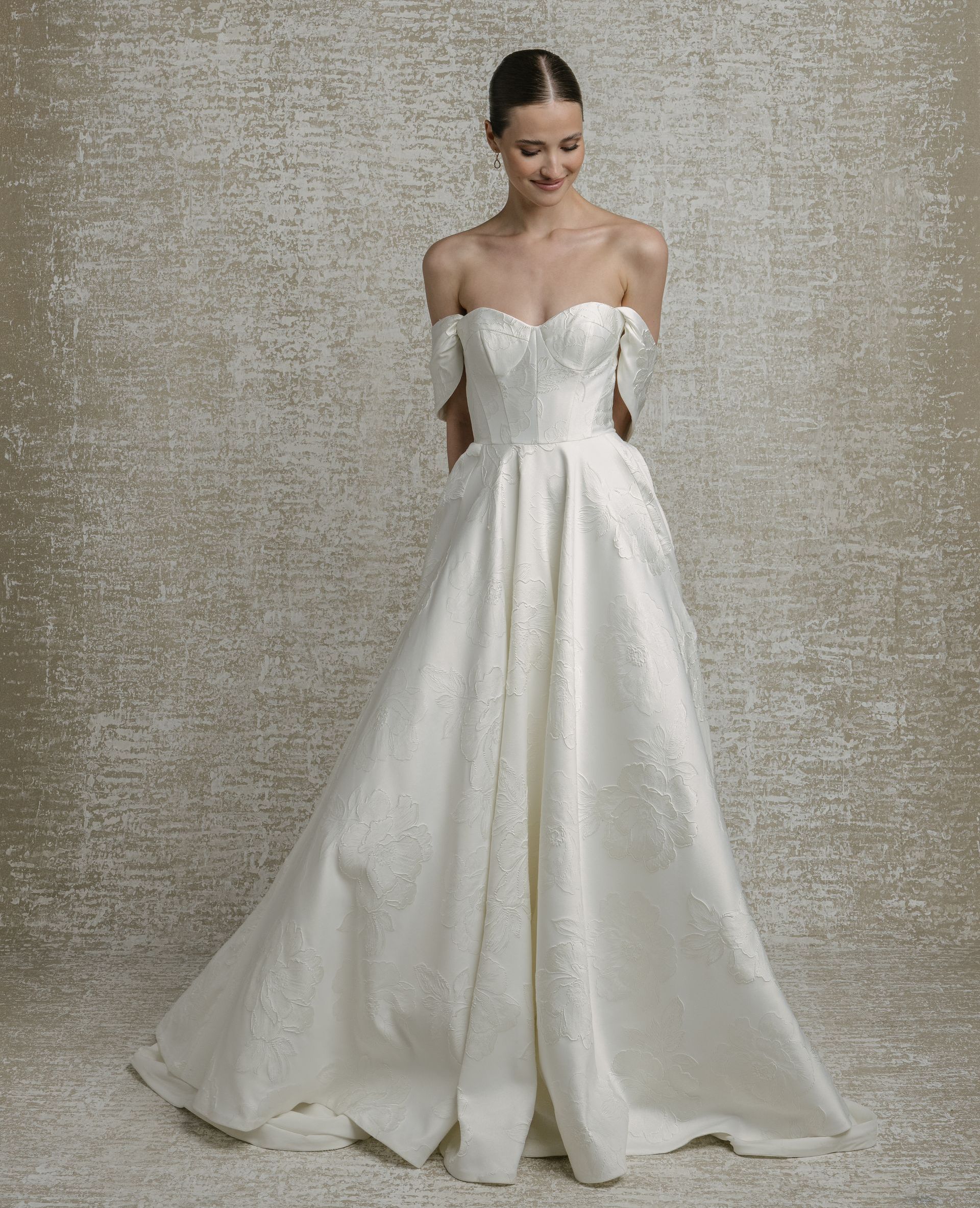 Brocade satin, strapless sweetheart neckline with detachable off the shoulder shawl