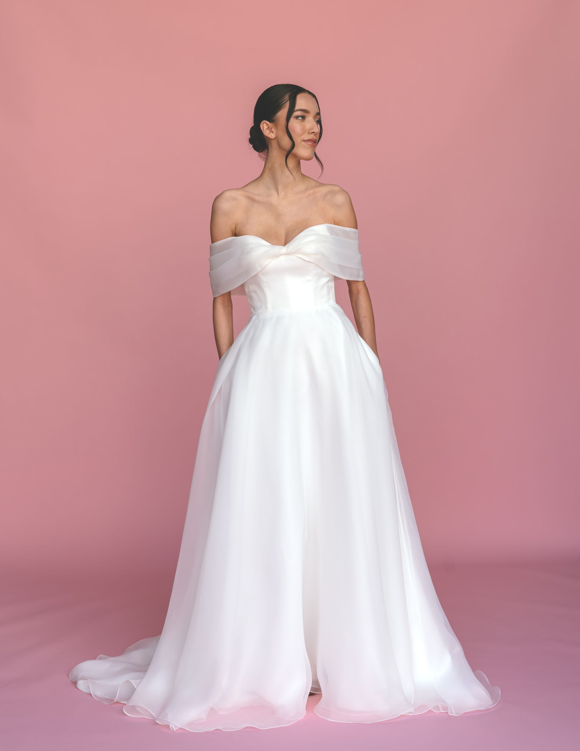 Satin organza, sweetheart neckline, pleated off shoulder straps