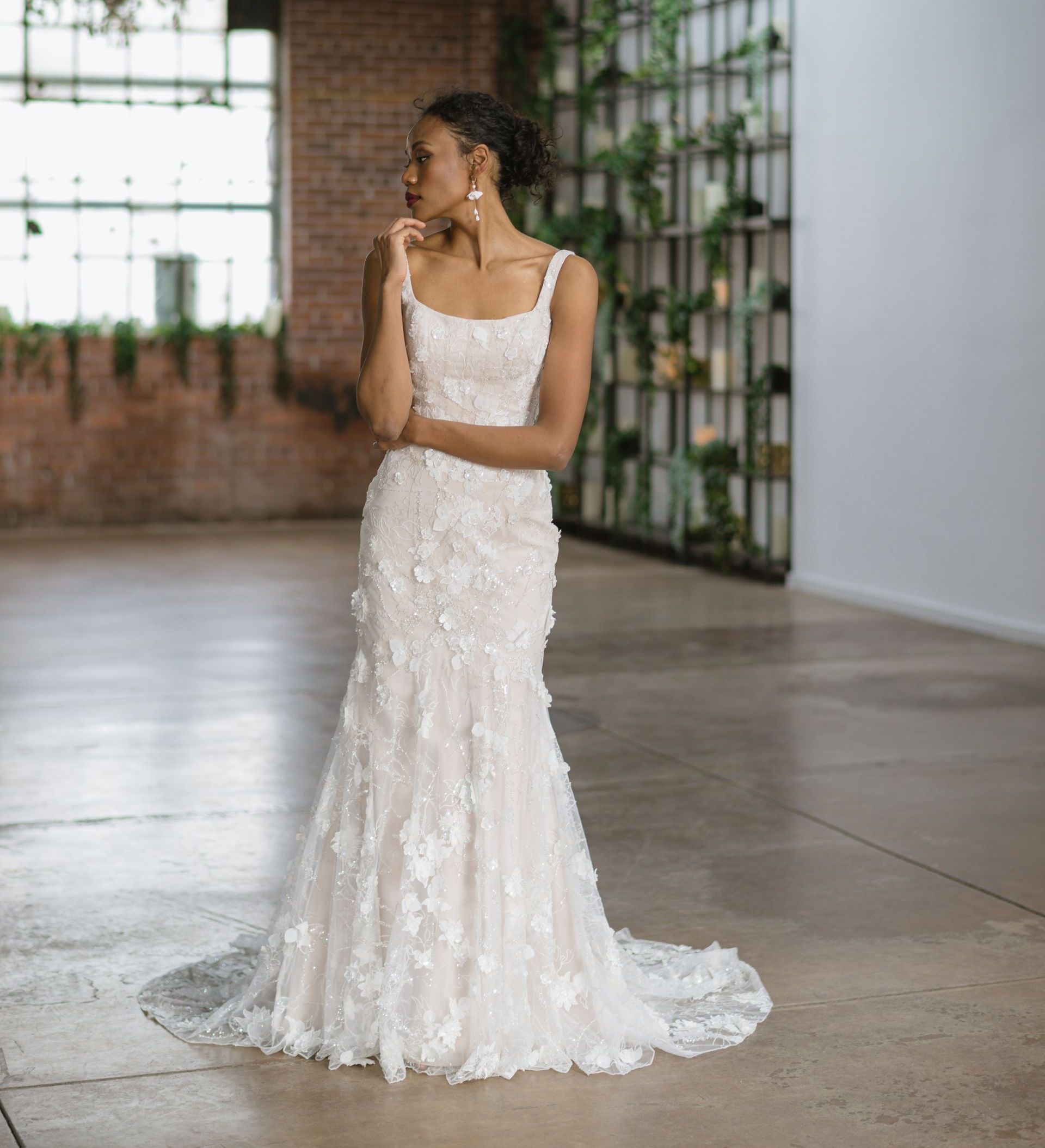 fit to flare 3-d appliqued wedding dress with square neckline