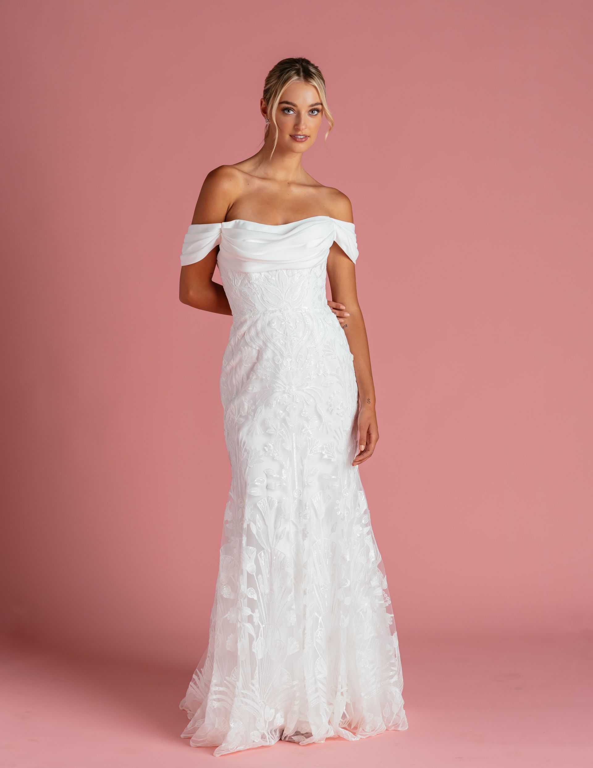 Chiffon crepe strapless rouched neckline with off shoulder sleeves & botanical lace