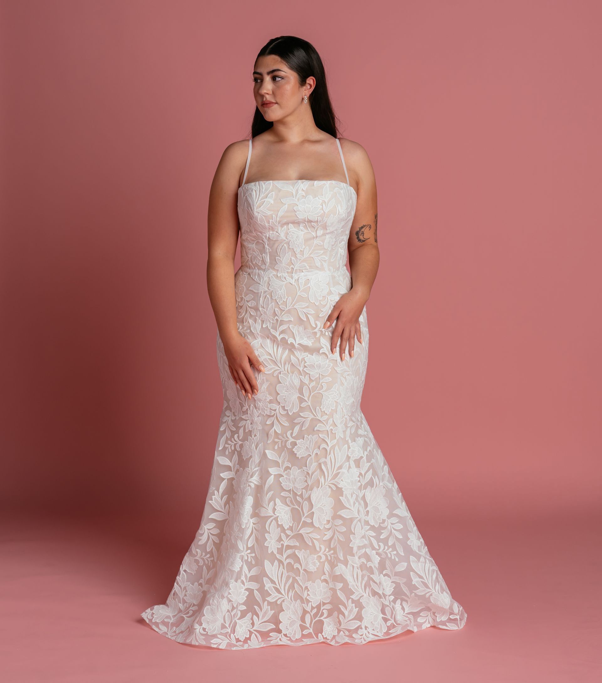 Floral lace, strapless neckline, lace illusion back, illusion chapel train