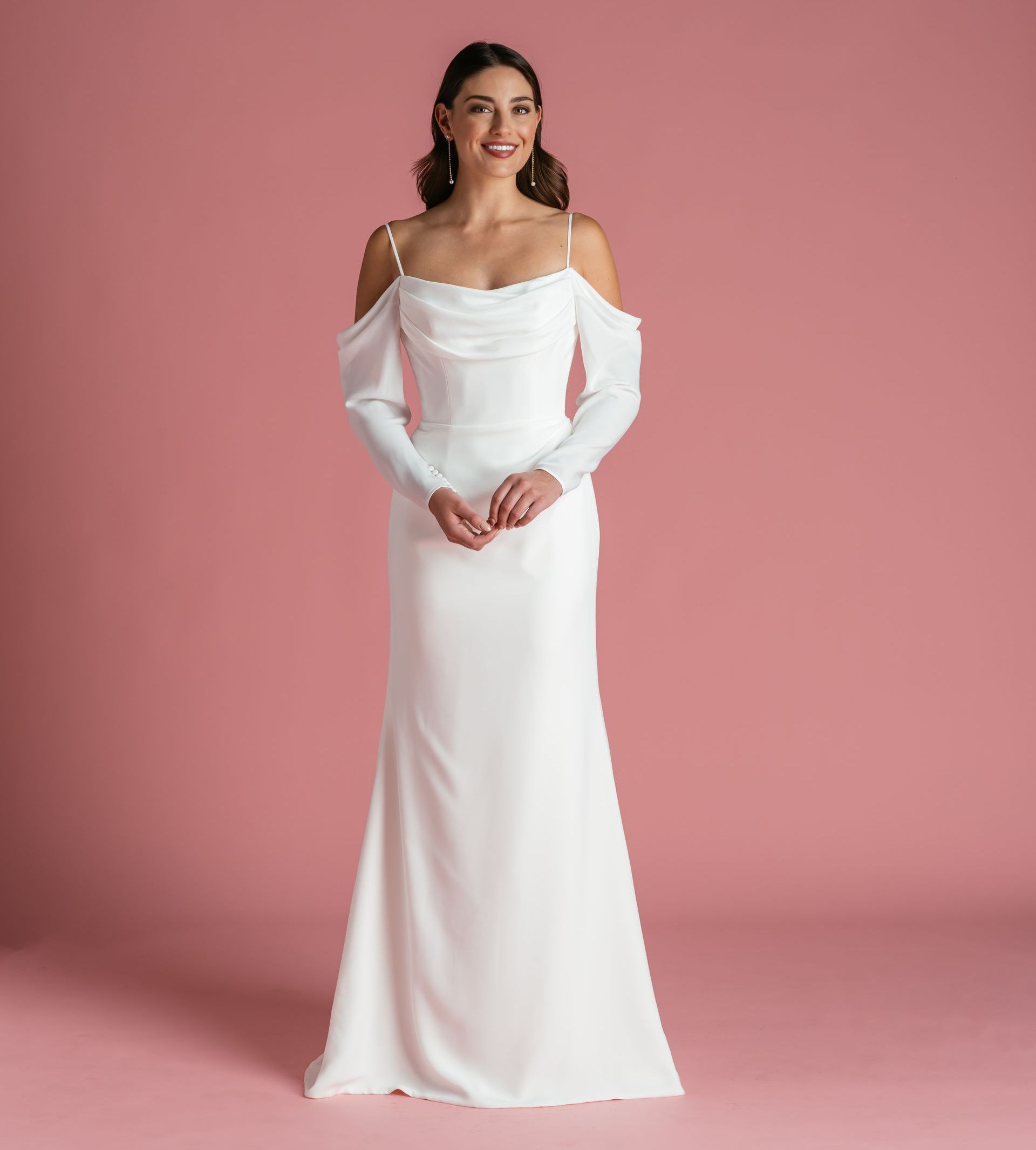 Chiffon crepe dipped, spaghetti straps, scooped back. Comes with detachable off shoulder button up, sleeves