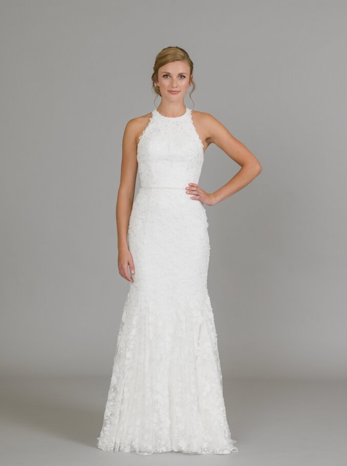 Floral lace, jewel neckline, and a fit & flare silhouette