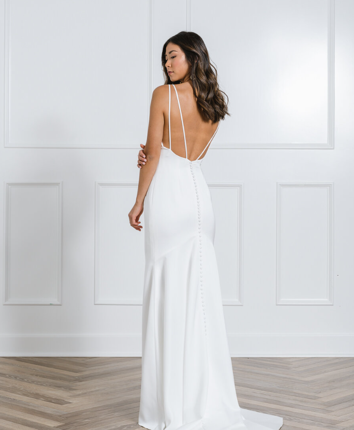 Satin, ultra low-back, fit to flare.