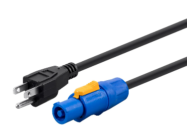 A black cord with a blue plug attached to it.