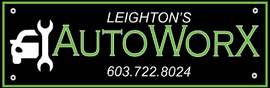 A logo for leighton 's autoworkx with a phone number