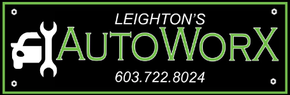 A logo for leighton 's autoworkx with a phone number