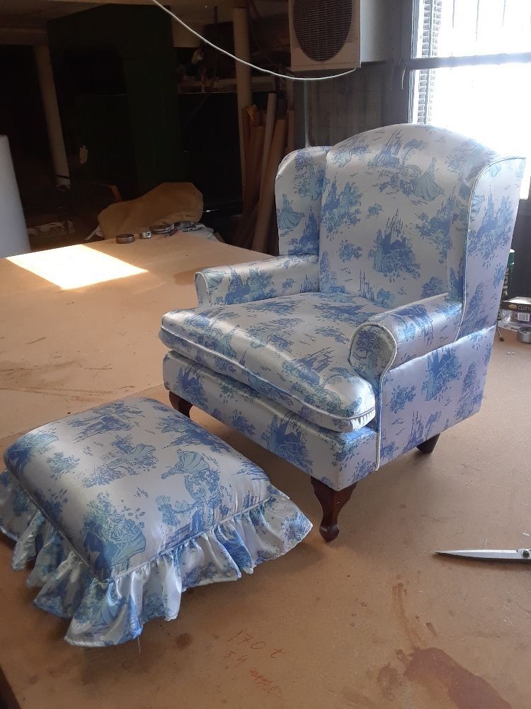 Chair and ottoman reupholstered by Cris Upholstery Yuciapa Furniture Reupholsterer